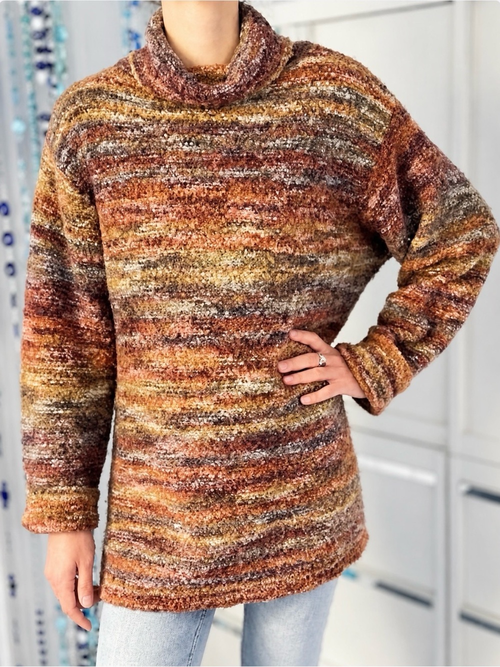 Vintage Bouclé Turtleneck Sweater Longline Oversized Space-Dyed Knit Brown